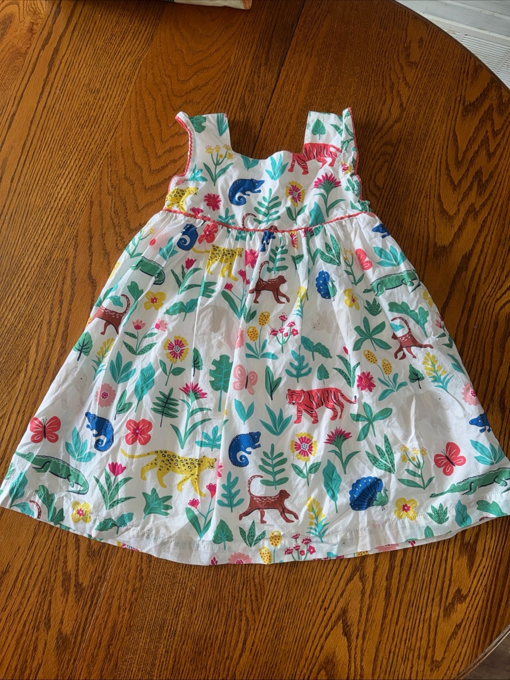 Mini Boden White Cotton Sundress with Colorful Jungle Animal Print